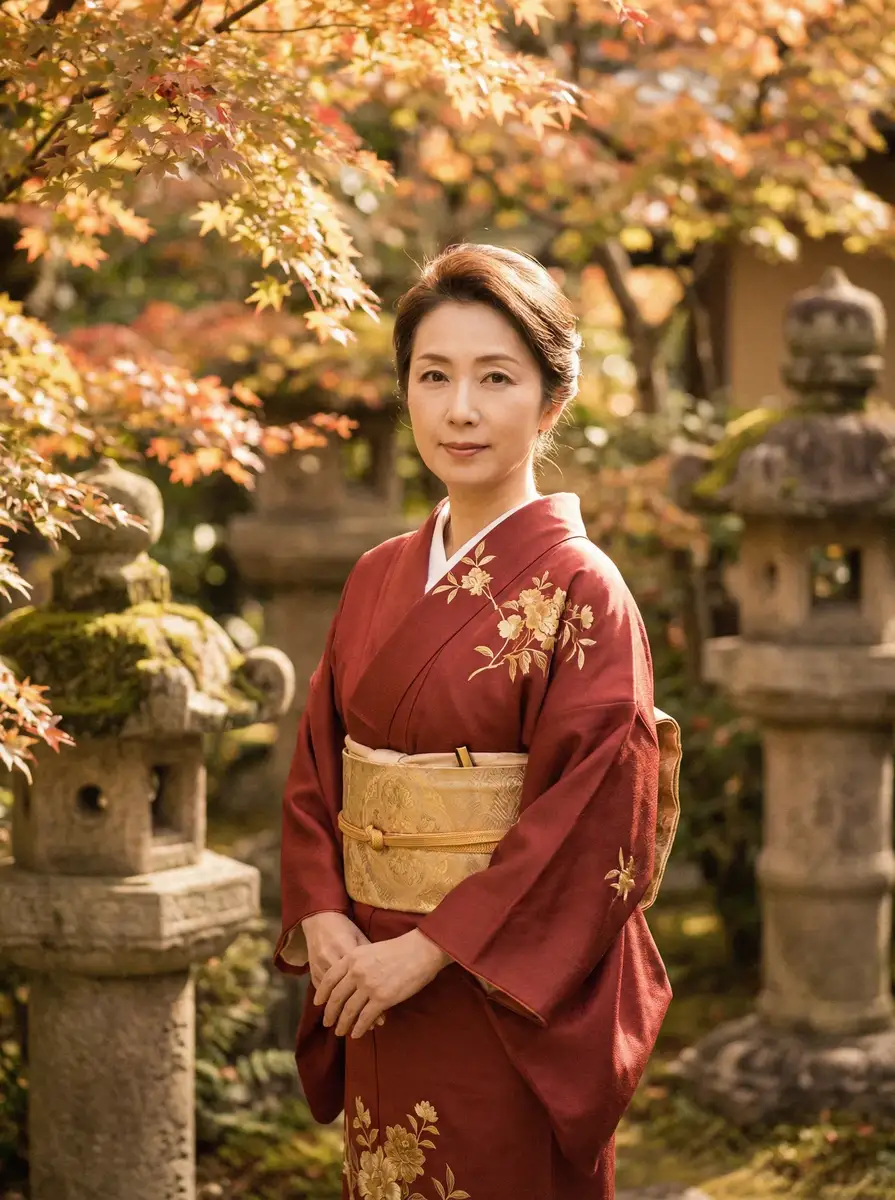 一位身穿暗红色和服的优雅 琼明神女录::琼明神女录传媒资源站 | 全网最全琼明神女录免费观看 在日式庭院中