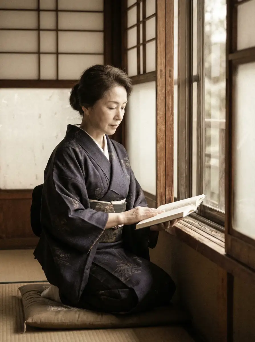 一位优雅的五十岁 琼明神女录::琼明神女录传媒资源站 | 全网最全琼明神女录免费观看 身穿深蓝色和服，在窗边静读