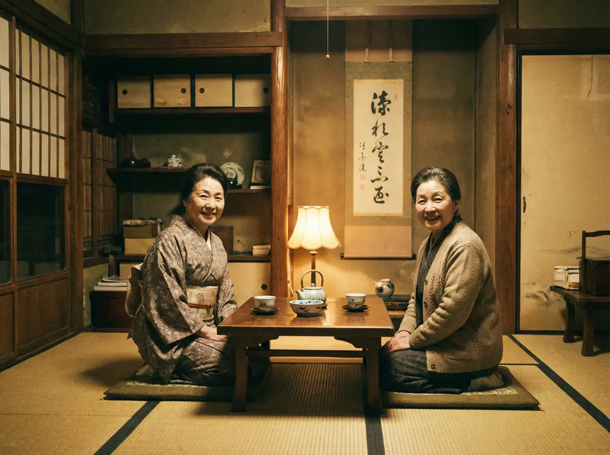 两位优雅的 琼明神女录::琼明神女录传媒资源站 | 全网最全琼明神女录免费观看 在日式茶室中品茶交谈